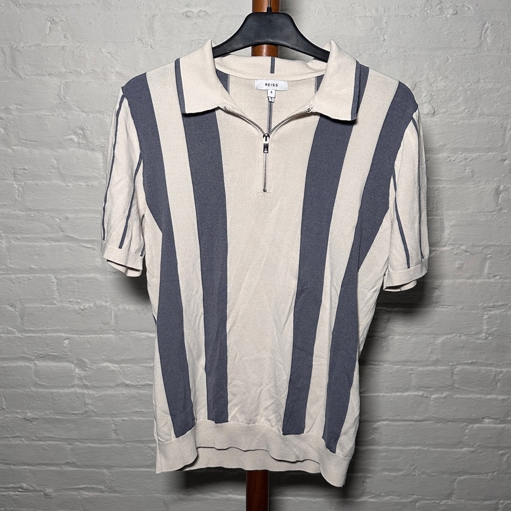 Reiss Men's Short-Sleeve Zip Polo in Cream and Gray